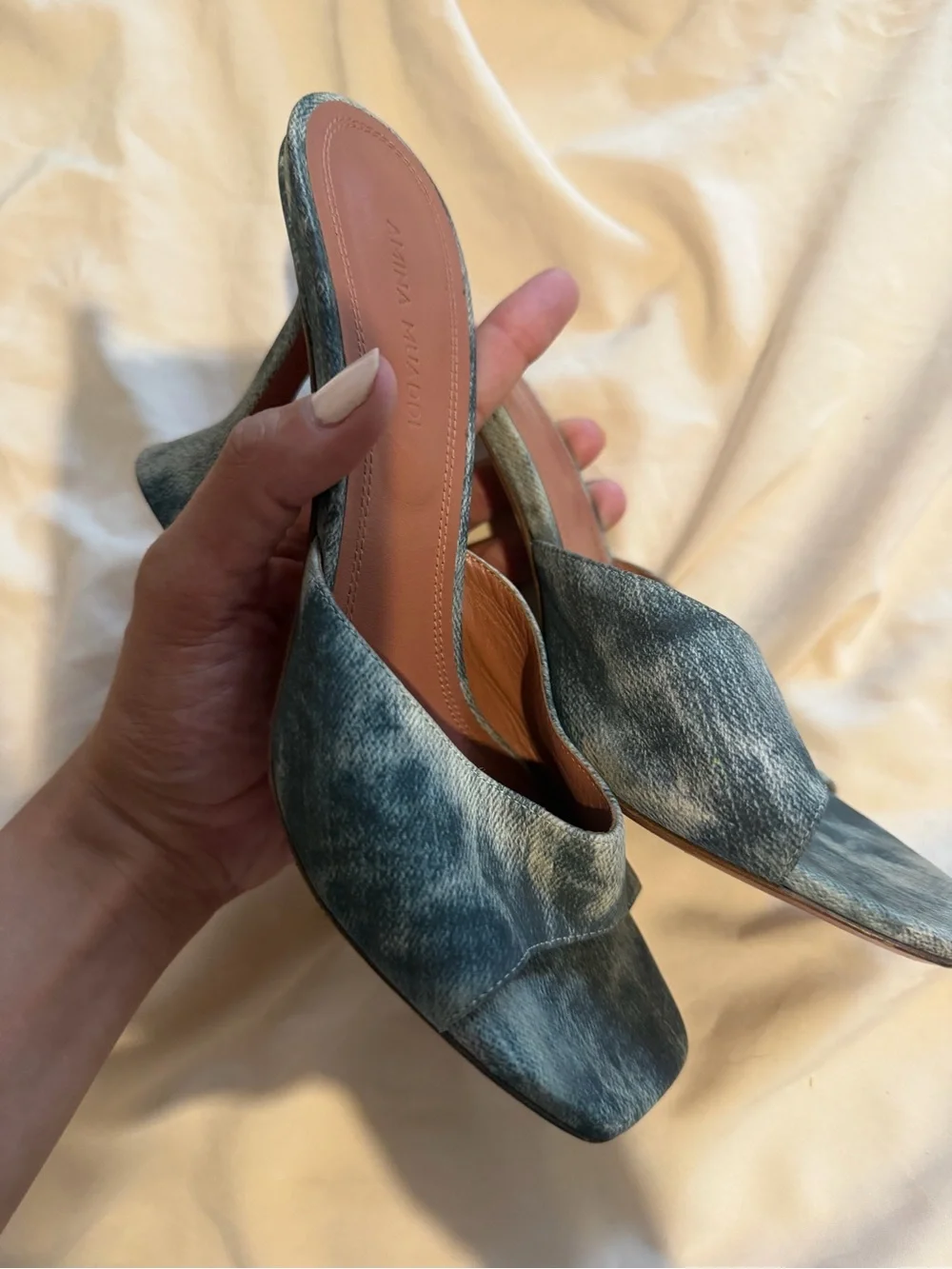 Amina Muaddi Washed Blue Denim Mules